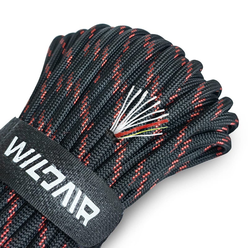 WILDAIR Paracord Survival Paracord Parachute Fire Cord Survival Ropes 4-in-1 5/32" Diameter U.S. Military Type III with Integrated Fishing Line, Fire-Starter Tinder (Black Red 100FT) - Image 1